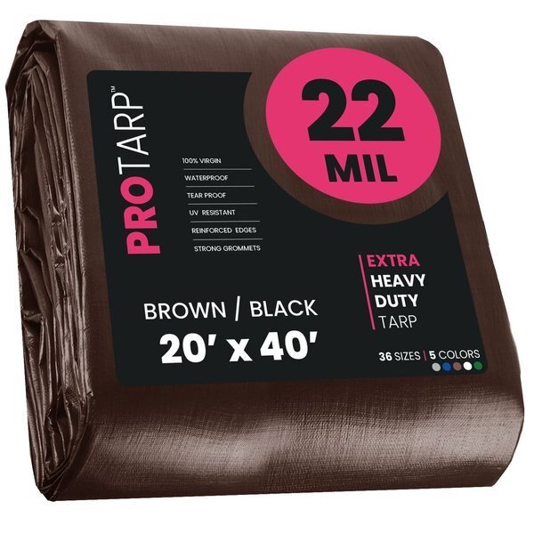 20 ft x 40 ft Heavy Duty 22 Mil Tarp, Brown/Black, Polyethylene, Waterproof, Rip and Tear Proof, Protarp, Mfr#: PT-202-20X40